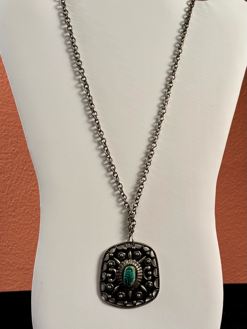 Vintage Egyptian Revival Scarab Pendant Necklace Silver Tone Statement